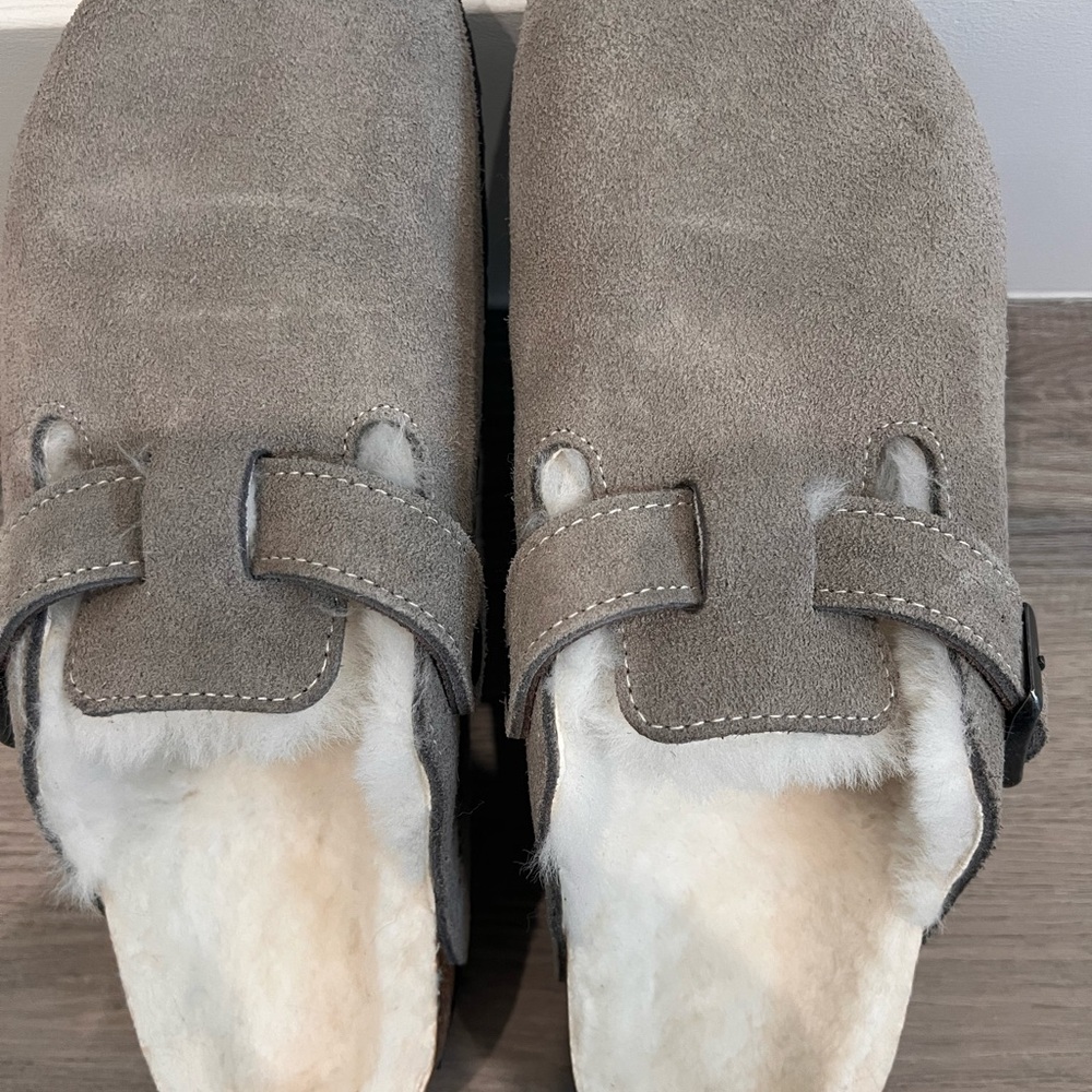 Gray Suede Shearling Clogs